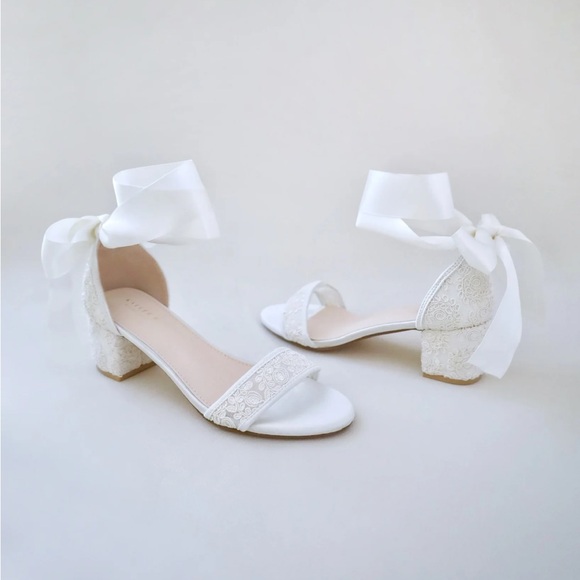 Crochet Lace Block Heel Wedding Sandals with Wrapped Ankle Satin Tie - Picture 1 of 14